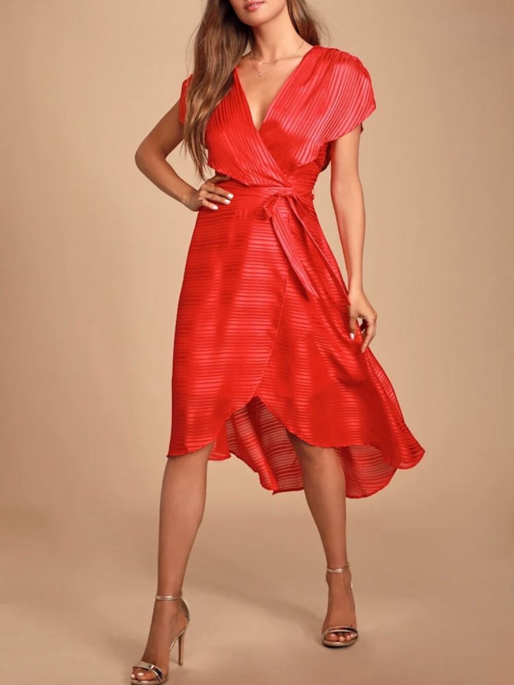 Brand New Lulus Lenita Red Striped Satin High-Low Midi Dress - Size M/L - NWOT